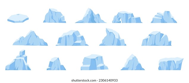 Cartoon icebergs, melting glacier and antarctic iceberg in ocean. Arctic snow mountains, ice polar rocks. Snugly north pole vector elements