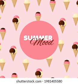 Cartoon ice-cream cone seamless pattern. Chocolate, vanilla and strawberry ice creams. Summer banner. Vector illustration.	