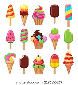 Cartoon icecreams. Popsicle can cone stick icecream set, colorful freezing tasty ice-cream desserts, milk sweet cool snacks vector illustration