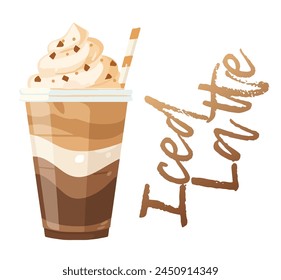 Cartoon Iced Latte mit Schlagsahne Vektorgrafik Icon isoliert auf weißem Hintergrund. Erfrischende Illustration einer köstlichen Kaffeemischung mit Schlagsahne. Das kalte Getränk in einem klaren Glasbecher