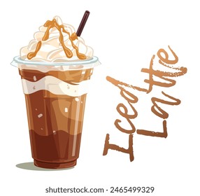 Cartoon Iced Latte with Whipped Cream Vector Icon Isolated on White Background. Refreshing illustration of a delicious coffee mix topped with whipped cream. Cold beverage is served in a clear glass