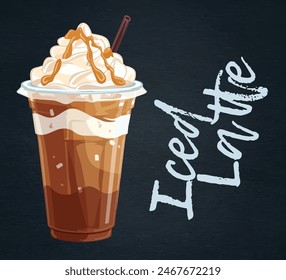 Cartoon Iced Latte con Vector de crema batida aislado en pizarra negra. Refrescante ilustración de una deliciosa mezcla de café con crema batida. La bebida fría se sirve en vidrio transparente