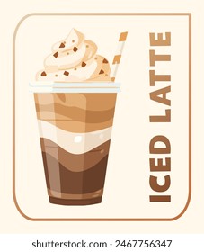 Cartoon Iced Latte with Whipped Cream Vector Icon on Beige Background. Refreshing illustration of a delicious coffee mix topped with whipped cream. The cold beverage is served in a clear glass 