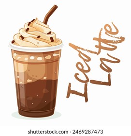 Cartoon Iced Latte with Whipped Cream Vector Icon Isolated on White Background. Refreshing illustration of a delicious coffee mix topped with whipped cream. The cold beverage is served in clear glass