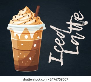 Cartoon Iced Latte con Vector de crema batida aislado en pizarra negra. Refrescante ilustración de una deliciosa mezcla de café con crema batida. La bebida fría se sirve en vidrio transparente