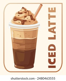 Cartoon Iced Latte with Whipped Cream Vector Icon on Beige Background. Refreshing illustration of a delicious coffee mix topped with whipped cream. The cold beverage is served in a clear glass