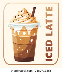 Caricatura Iced Latte con Vector de crema batida sobre fondo beige. Refrescante ilustración de una deliciosa mezcla de café con crema batida. La bebida fría se sirve en un vaso transparente 