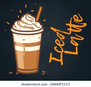 Cartoon Iced Latte with Whipped Cream Vector Icon Isolated on Black Chalkboard. Refreshing illustration of a delicious coffee mix topped with whipped cream. The cold beverage is served in clear glass