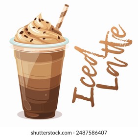 Caricatura Iced Latte con Vector de crema batida aislado sobre fondo blanco. Refrescante ilustración de una deliciosa mezcla de café con crema batida. La bebida fría se sirve en vidrio transparente