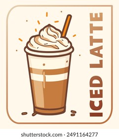 Cartoon Iced Latte with Whipped Cream Vector Icon on Beige Background. Refreshing illustration of a delicious coffee mix topped with whipped cream. The cold beverage is served in a clear glass