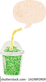 cartoon iced smoothie with speech bubble in grunge distressed retro textured style