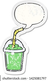 caricatura helada smoothie con una burbuja de habla angustiada pegatina vieja