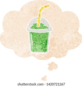 caricatura helada smoothie con burbuja de pensamiento en un estilo retro angustiado y con texturas estrafalarias