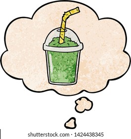 cartoon iced smoothie with thought bubble in grunge texture style
