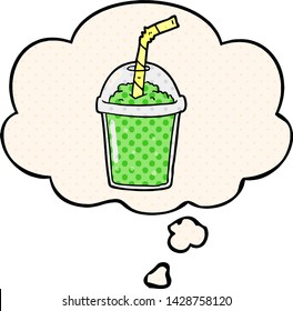 cartoon iced smoothie with thought bubble in comic book style