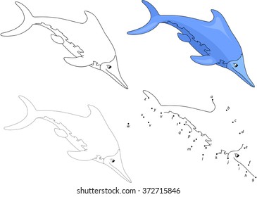 Cartoon ichthyosaur. Coloring book and dot to dot educational game for kids