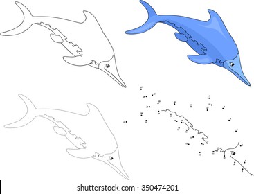 Cartoon ichthyosaur. Dot to dot educational game for kids. Vector illustration