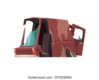 Cartoon icon of abandoned wrecked car on white background vector illustration
