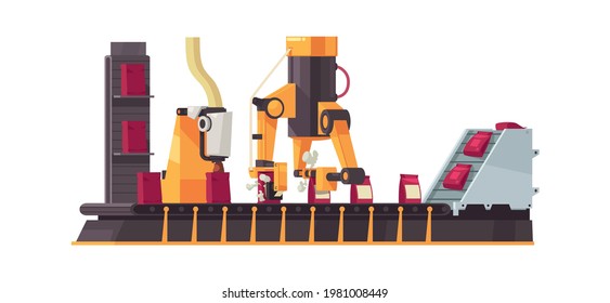 Cartoon icon with automated robotic arms packing goods on moving conveyor vector illustration