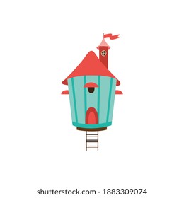 Cartoon icon of beautiful birdhouse in shape of castle, flat vector illustration isolated on white background. Spring season symbol or sign for prints and cards.