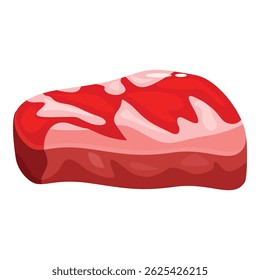 Cartoon icon of big red piece of raw meat with fat layers is lying on white background