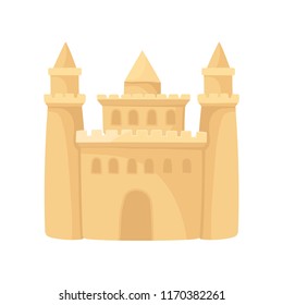 Cartoon icon of big sandcastle with three towers. Beach holiday. Flat vector element for advertising poster of tourist agency