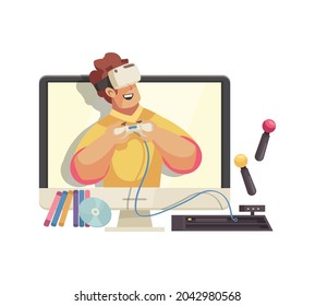 Cartoon icon with blogger in virtual reality glasses playing video game vector illustration