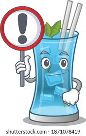 A cartoon icon of blue hawai cocktail with a exclamation sign board