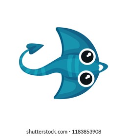 Cartoon icon of blue manta ray with long tail. Cute sea animal. Underwater life. Flat vector for mobile game or children book