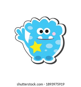 Cartoon icon of blue monster with teeth yellow star and spots vector illustration