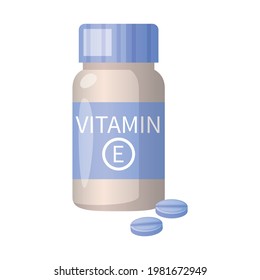Cartoon icon with bottle and two pills of vitamin e on white background vector illustration
