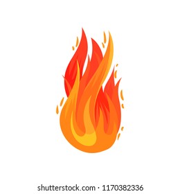 Cartoon icon of bright red-orange fire in flat style. Hot blazing flame. Flat vector element for advertising poster, banner, flyer