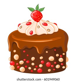 Cartoon icon chocolate-coffee cake with caramel syrup, strawberries and whipped cream. Vector illustration isolated on white. T-shirt printing.