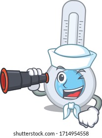 A cartoon icon of cold thermometer Sailor with binocular