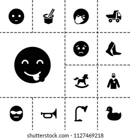 Cartoon icon. collection of 13 cartoon filled icons such as duck, socks, trumpet, sad emoji, emot showing tongue, table lamp. editable cartoon icons for web and mobile.
