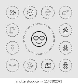 Cartoon icon. collection of 13 cartoon outline icons such as animal paw, teddy bear, sad emot, emot in love, newborn child, trailer. editable cartoon icons for web and mobile.