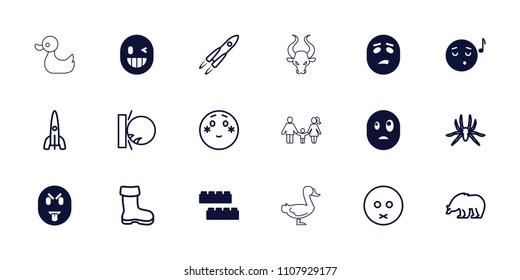 Cartoon icon. collection of 18 cartoon filled and outline icons such as child building kit, emoji listening music, boot, bear. editable cartoon icons for web and mobile.