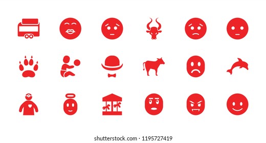 Cartoon icon. collection of 18 cartoon filled icons such as smiling emot, sad emot, carousel, doctor with medical reflector. editable cartoon icons for web and mobile.