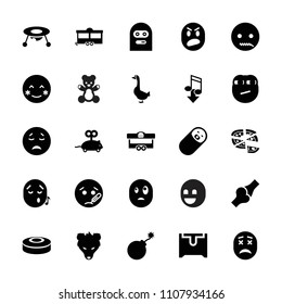Cartoon icon. collection of 25 cartoon filled icons such as baby toy, mouse toy, explosion, blush, crying emot, sick emot, pizza. editable cartoon icons for web and mobile.