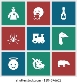 Cartoon icon. collection of 9 cartoon filled icons such as hippopotamus, goose, train toy, emoji angel, vomiting emot. editable cartoon icons for web and mobile.