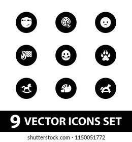 Cartoon icon. collection of 9 cartoon filled icons such as sad emot, rolling eyes emoji, toy horse, brick wall fire, pizza. editable cartoon icons for web and mobile.