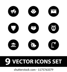 Cartoon icon. collection of 9 cartoon filled icons such as bear, hippopotamus, baby girl, toy car, chest, table lamp, carousel. editable cartoon icons for web and mobile.