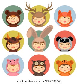  Cartoon icon collection of bear, deer, fox, cow, rabbit, panda, pig, owl, tiger. Vector set of cartoon kids in animal costumes