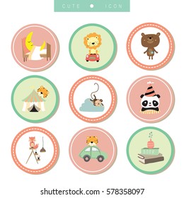 Cartoon icon collection with bear,fox,tiger,panda,monkey,lion,car and moon in circle