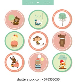 Cartoon icon collection with bear,reindeer,tiger,ice cream,monkey and cat in circle