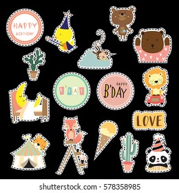 Cartoon icon collection with duck,fox,panda,bear,cactus,tiger,lion,monkey,moon and wording icon:love,birthday
