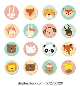 Cartoon icon collection with rabbit,fox,tiger,monkey,reindeer,panda,bear,lion,cat and giraffe