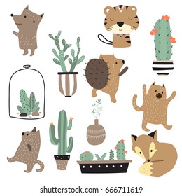 Cartoon icon collection with tiger,fox,bear,cactus and porcupine