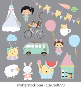 Cartoon icon collection with watermelon,rabbit,van,carrot,sheep,balloon,bicycle and cat