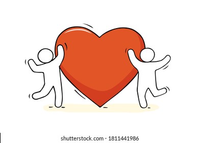 Cartoon icon - concept of love. Mini people standing with big red heart. Hand drawn vector about love and relationship.